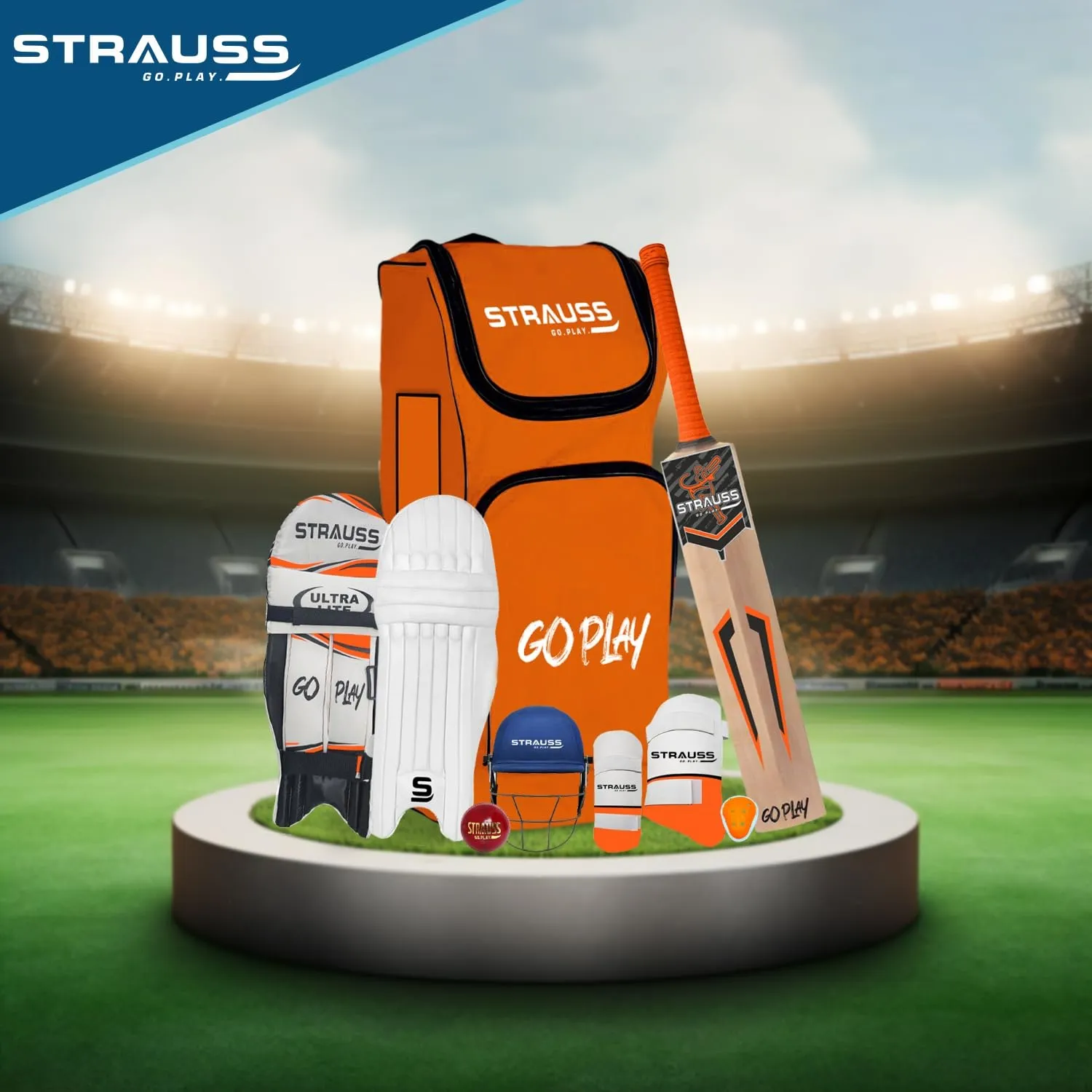 Strauss Kashmir Willow Right Hand Leather Cricket Kit | Size: Full Size | Ideal for Age 13  | Cricket Accessories for Boys | for Training & Matches | Set of 9 | includes Leather Cricket Ball,(Orange)