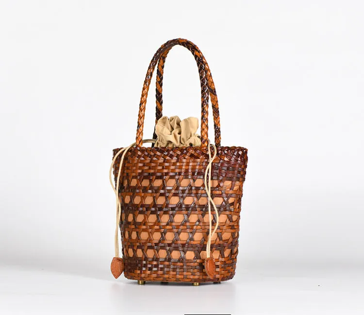 Stylish Womens Woven Leather Bucket Bags Leather Handbags For Women