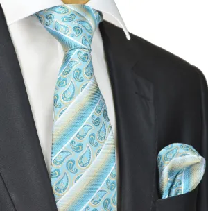 Turquoise and Champagne Paisley Silk Tie and Pocket Square