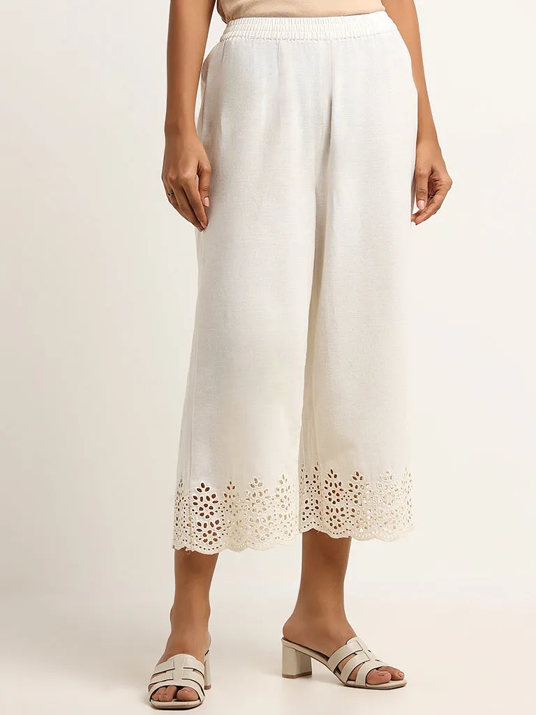 Utsa Off-White Crochet-Detailed Blended Linen Palazzos