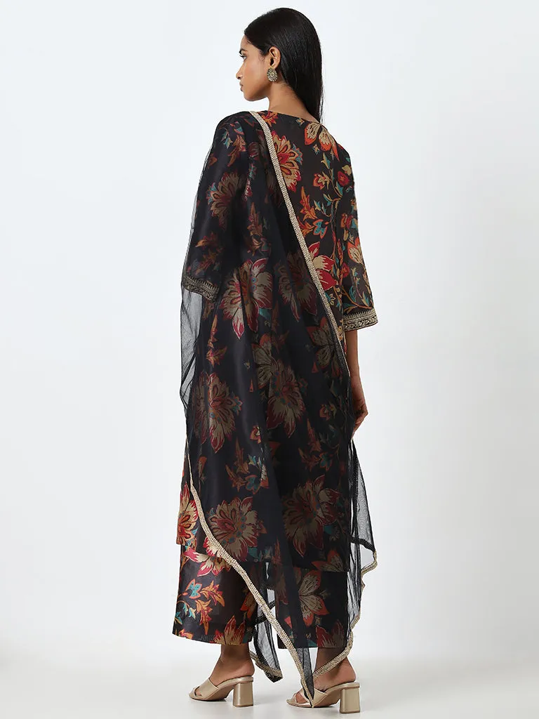 Vark Black Floral Printed A-Line Kurta, Palazzos and Dupatta Set