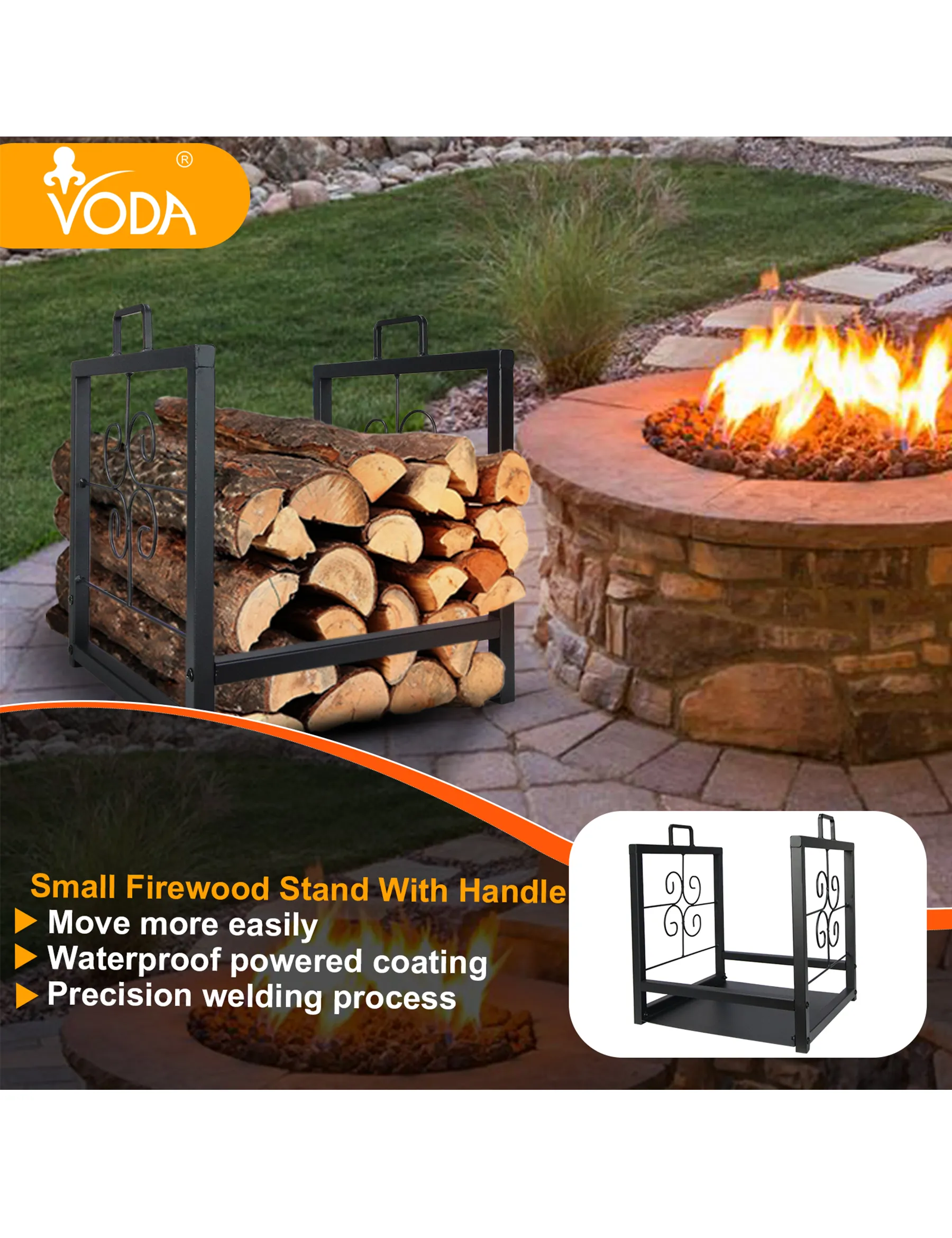 VODA portable firewood rack log holder with handle for heavy duty firewod storage