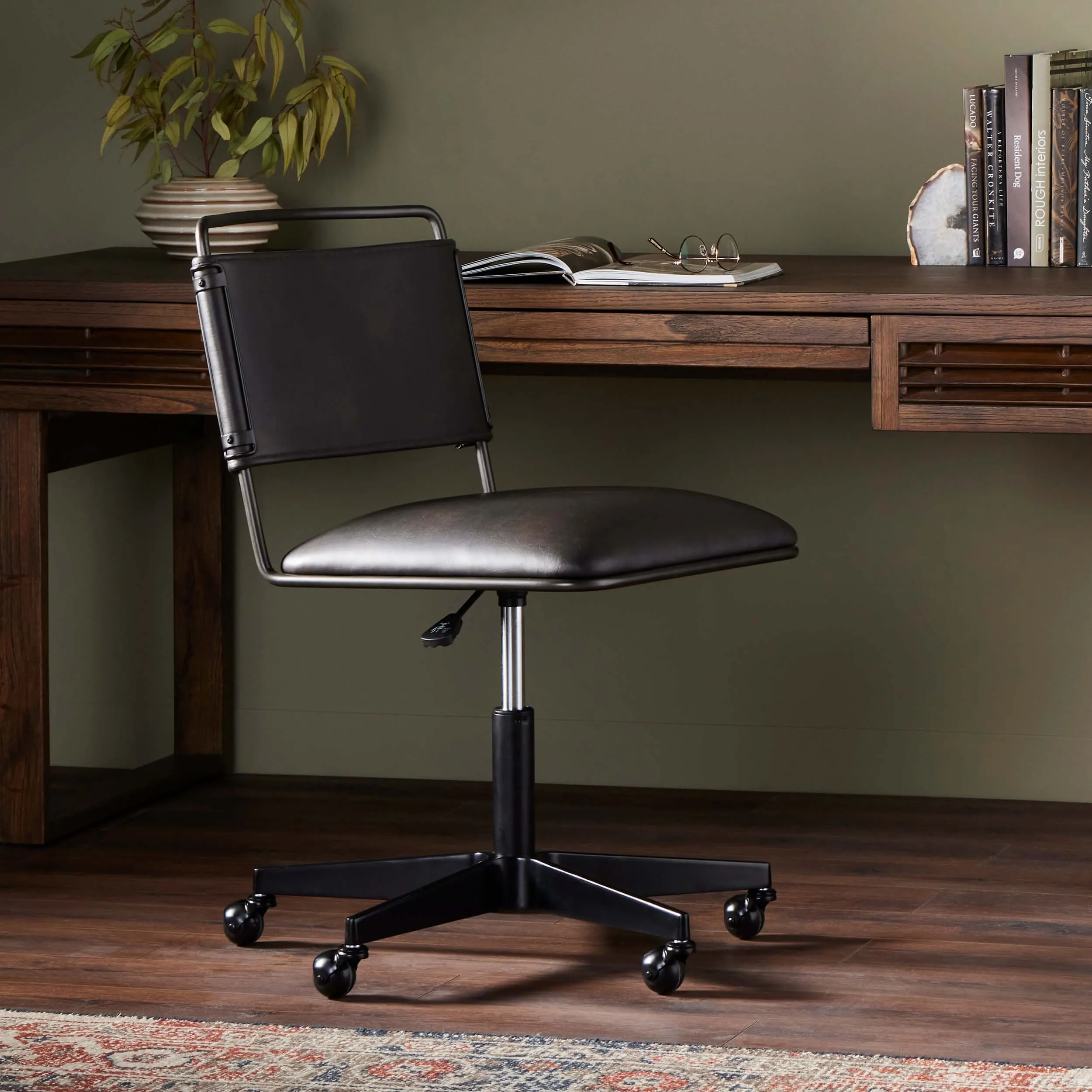 Wharton Leather Desk Chair, Distressed Black