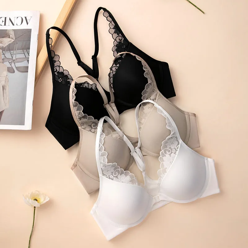 Women lace front buckle summer underwear sexy seamless small chest gathered not empty cup thin beautiful back bra