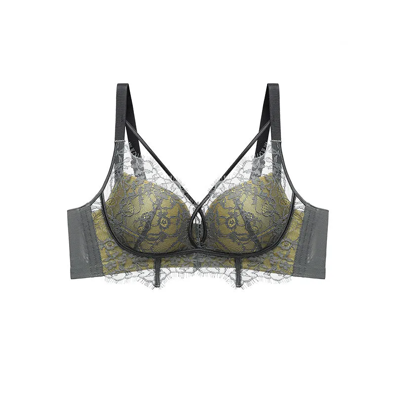 Women small chest push-up no-rim underwear women's lemon vitamin C lining sexy breast lace bra set