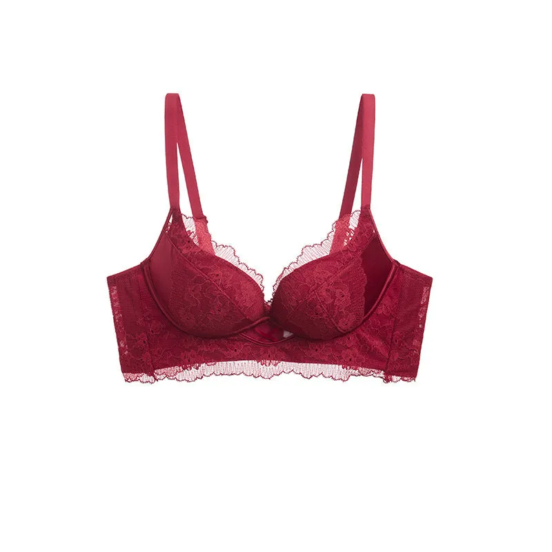 Women Small chest push up underwear girl sweet satin lace bra mulberry silk lining ladies bra set