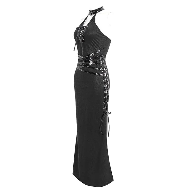 Women's Gothic Strappy Side Slit Fitted Halterneck Dress