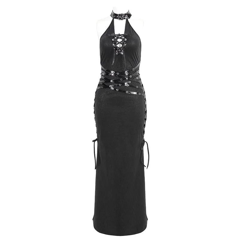 Women's Gothic Strappy Side Slit Fitted Halterneck Dress