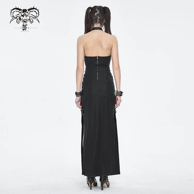 Women's Gothic Strappy Side Slit Fitted Halterneck Dress