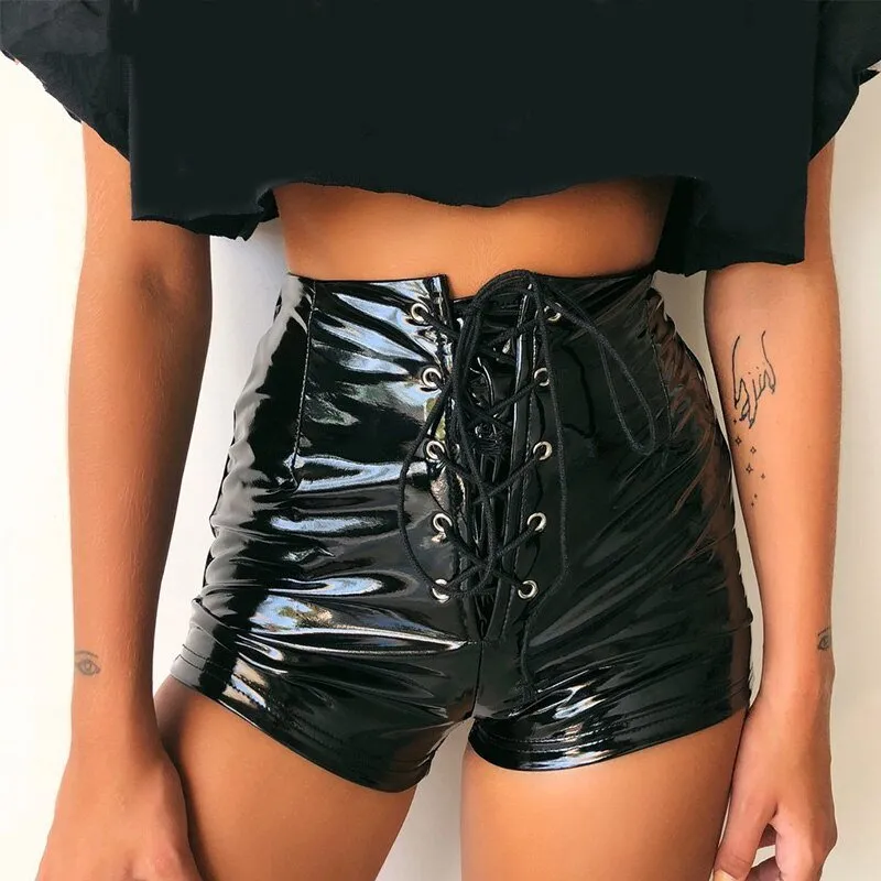 Women's Summer PU Leather High Waist Lace Up Shorts