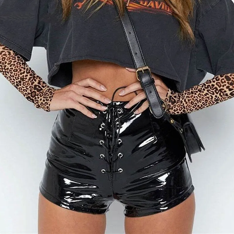 Women's Summer PU Leather High Waist Lace Up Shorts