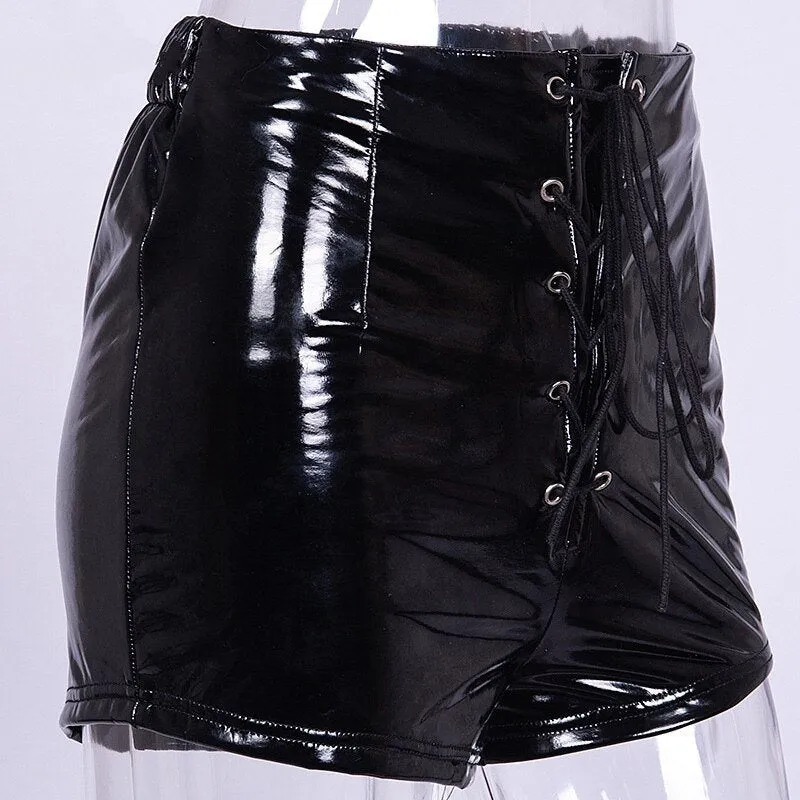 Women's Summer PU Leather High Waist Lace Up Shorts