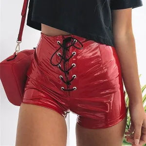 Women's Summer PU Leather High Waist Lace Up Shorts