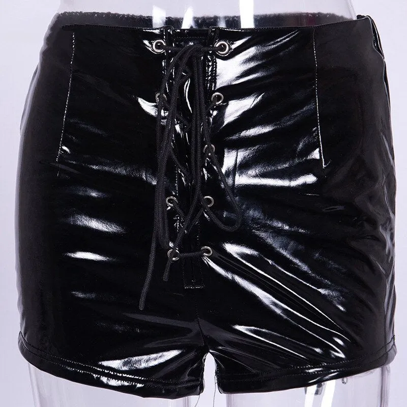 Women's Summer PU Leather High Waist Lace Up Shorts