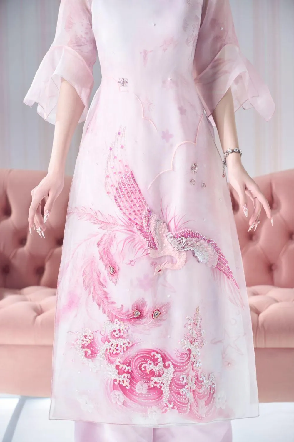 Wonder Wish A-line Mandarin Neck Organza Floor Length Ao Dai