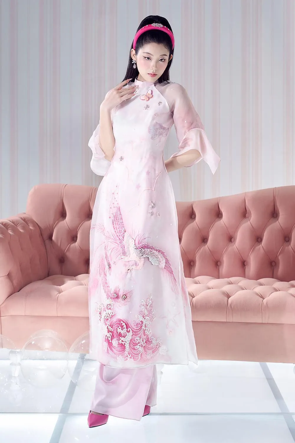 Wonder Wish A-line Mandarin Neck Organza Floor Length Ao Dai